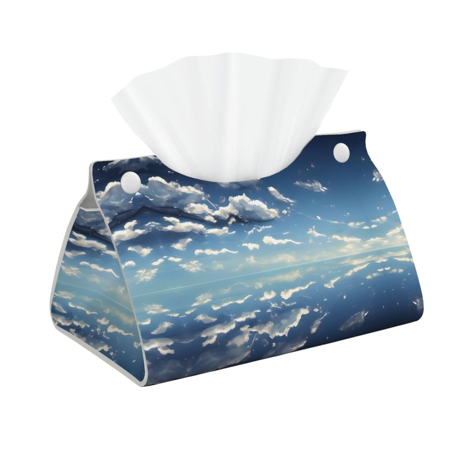 Blue Sky and White Clouds Print Long Tissue Box Cover Holder Foldable Leather Organizer for Vanity, Nightstand, Desk & Bathroom