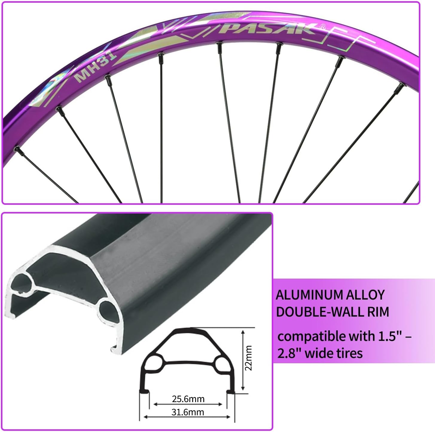 24'' Mountain Bike Front Wheel Thru Axle Boost 15 * 100/110mm Aluminium Alloy Double-wall Rims with Bearing Hubs Disc Brake 915g