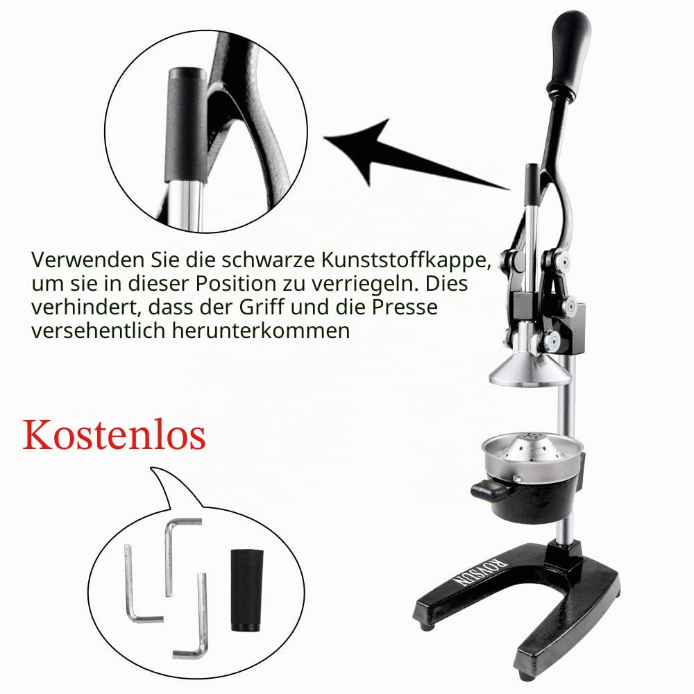 ROVSUN Saftpresse Manuell Edelstahl, Zitronenpresse Manuell, Entsafter Obstpresse, Zitruspresse, Apfelpresse, Orangenpresse 18x22x37 cm Schwarz