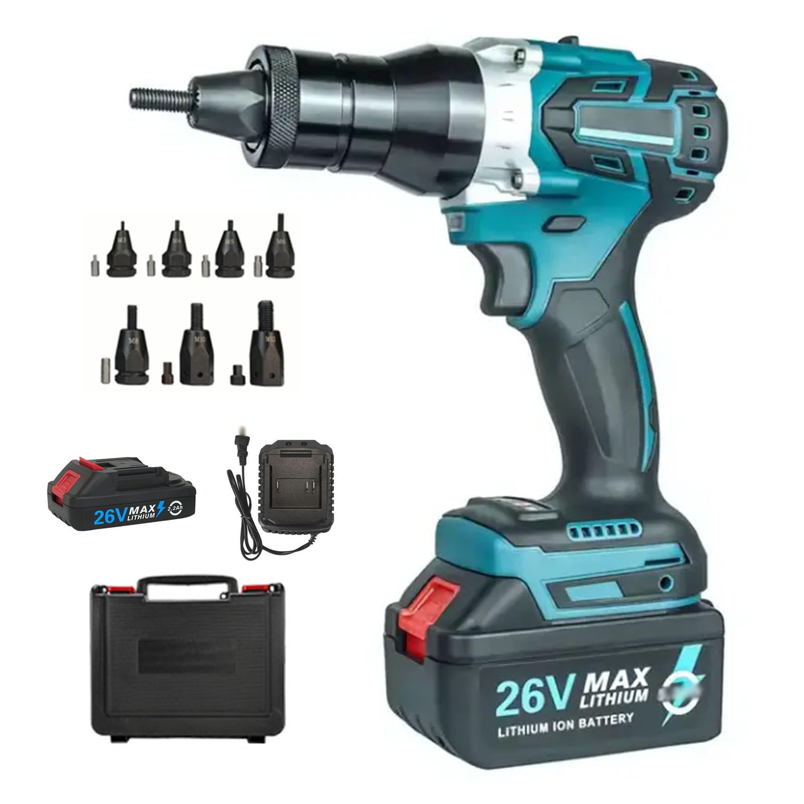 Pistole per Rivetti Senza Fili, Pistola rivettatrice elettrica Senza spazzole con Luce LED, per Dadi M3/M4/M5/M6/M8/M10/M12,per Rivetti, Inserti Filettati,2200mAh
