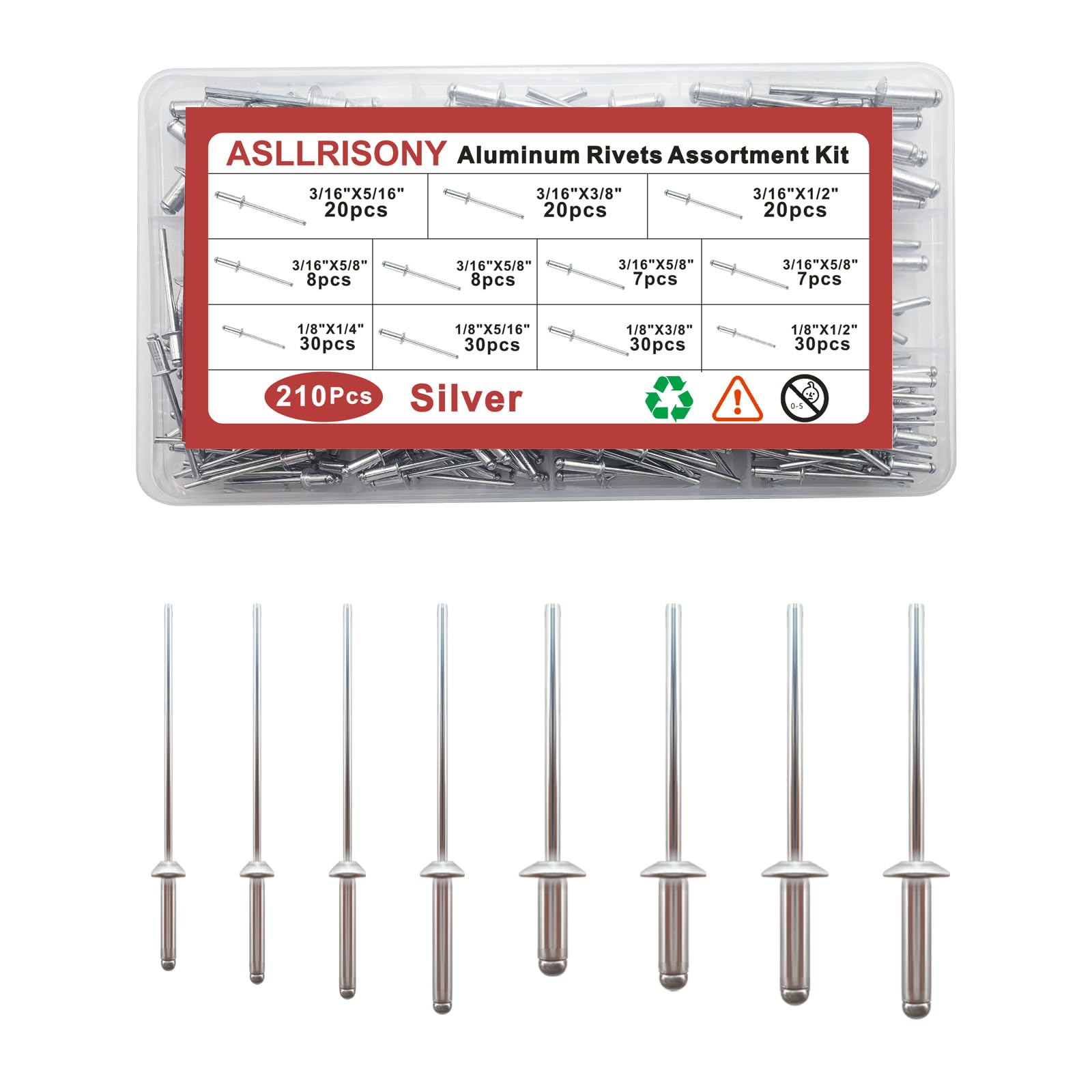 210Pcs Silver 3/16 Inches,1/8 Inches Pop Rivets Assortment Kit, 8 Sizes Aluminum Rivets,Aluminum blind rivets for metal Dome Head rivet kit