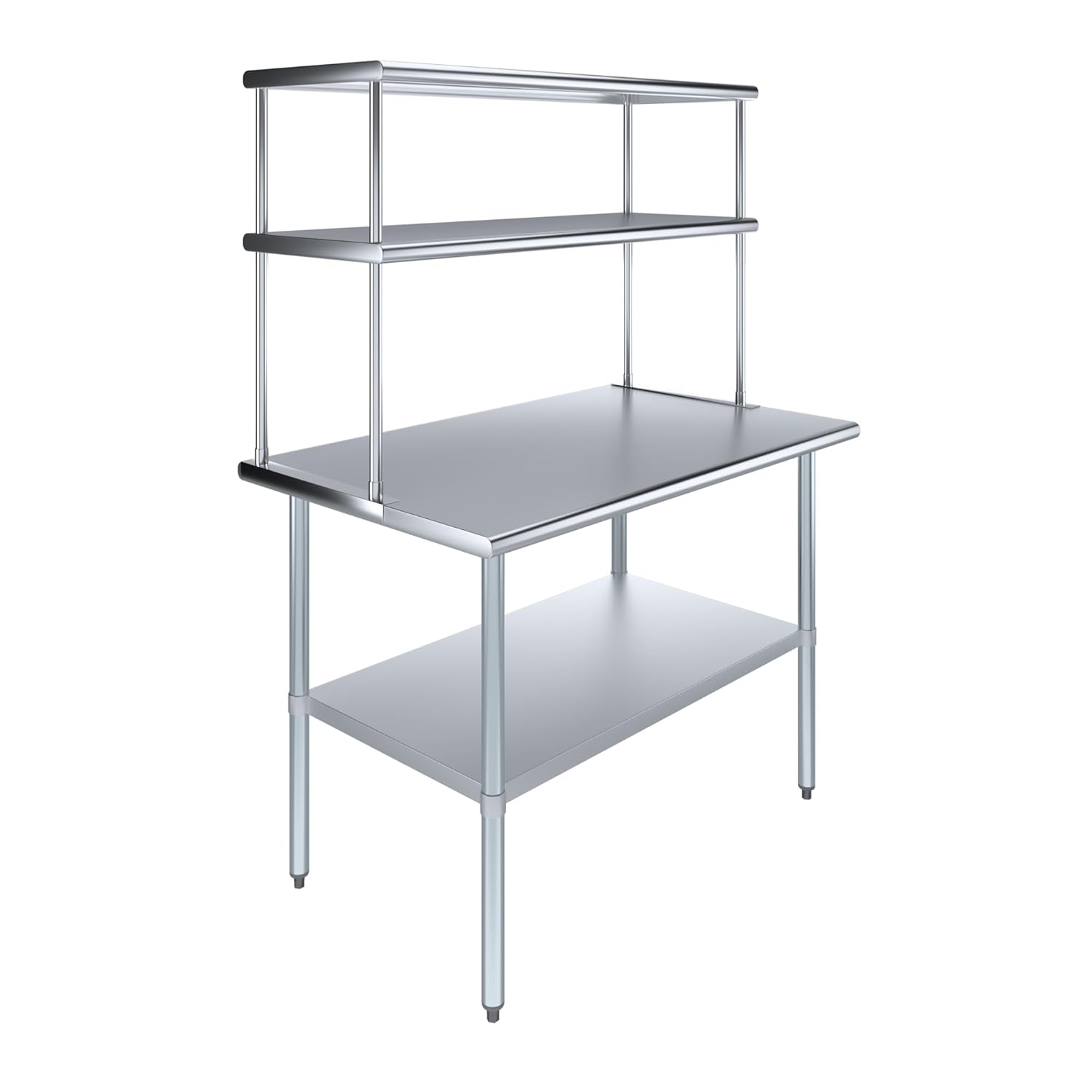 48" x 30" Commercial Stainless Steel Prep Table with 12" x 48" Double Overshelf | NSF Certified Workstation for Kitchen, Bakery, or Utility Use