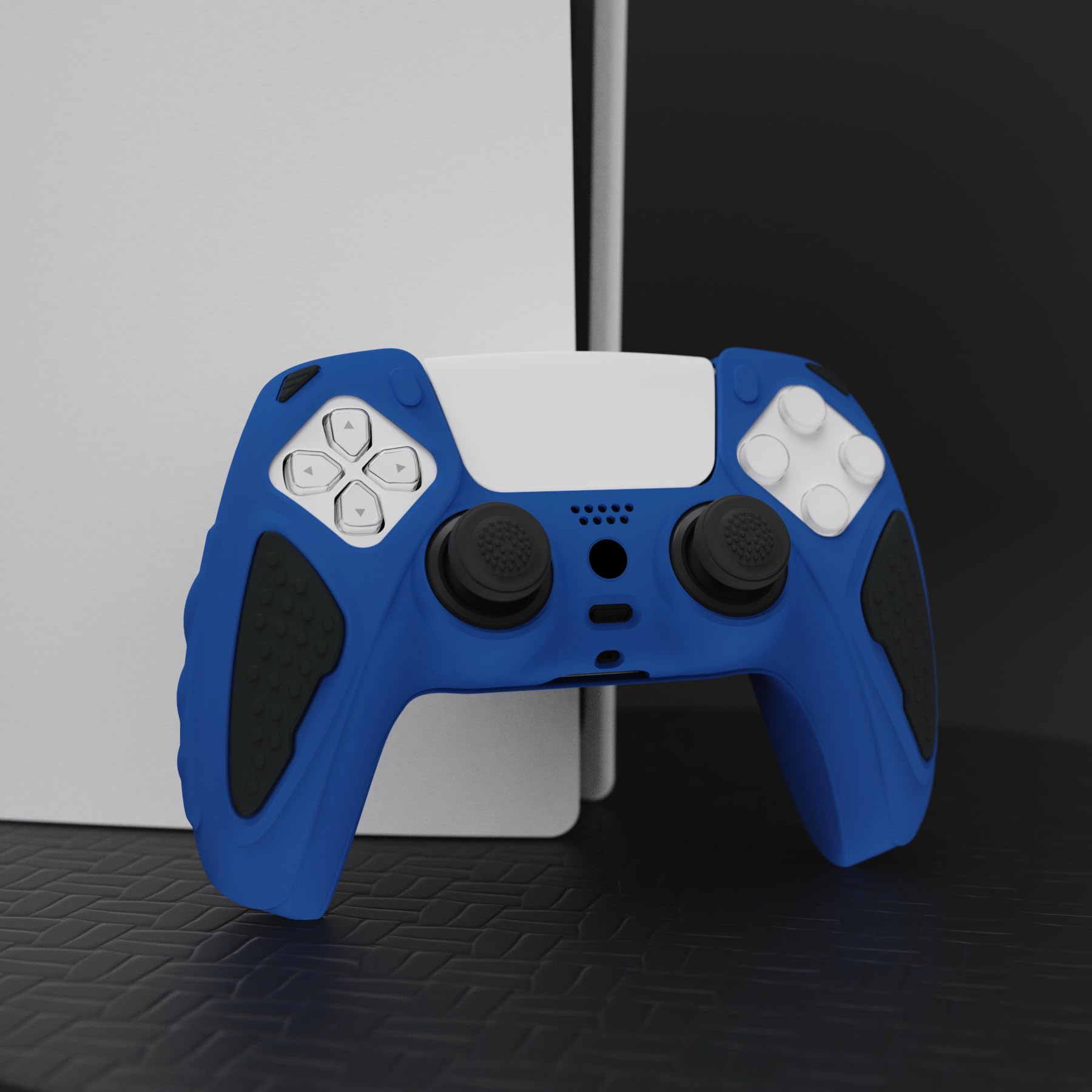 playvital Knight Edition Blue & Black Two Tone Anti-Slip Silicone Cover Skin for ps5 Controller, Soft Rubber Case for ps5 Wireless Controller with Thumb Grip Caps - 5