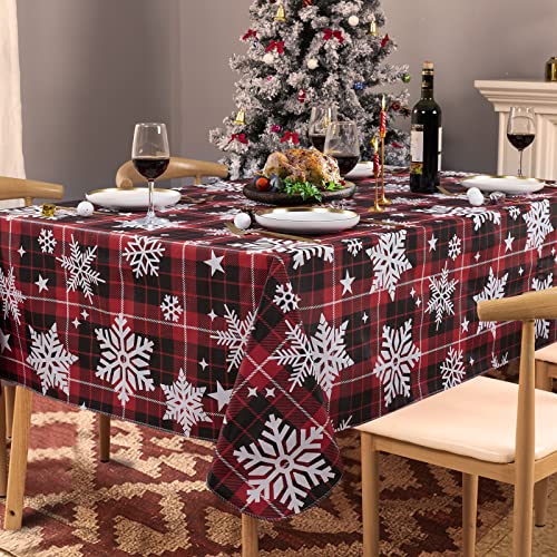 UMINEUX Christmas Tablecloth with Flannel Backing, Waterproof Wipeable Vinyl Rectangle Table Cover for Xmas Parties/Wedding/Holiday/Decoration Use - Heavy Duty Table Cover(60x84 Inch, Snowflake)