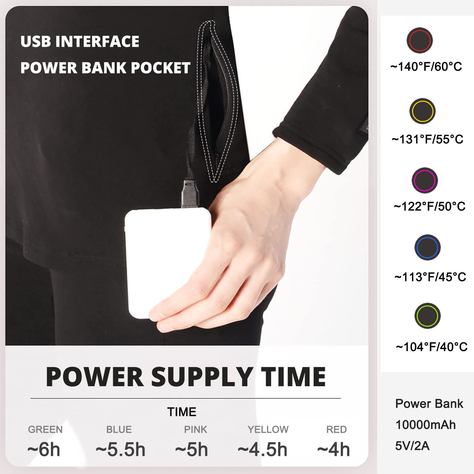 Conjunto de ropa interior térmica para hombres Camisas térmicas de manga larga con calefacción Pantalones Capa base con calefacción eléctrica USB Adecuado para acampar en invierno (Negro XXL