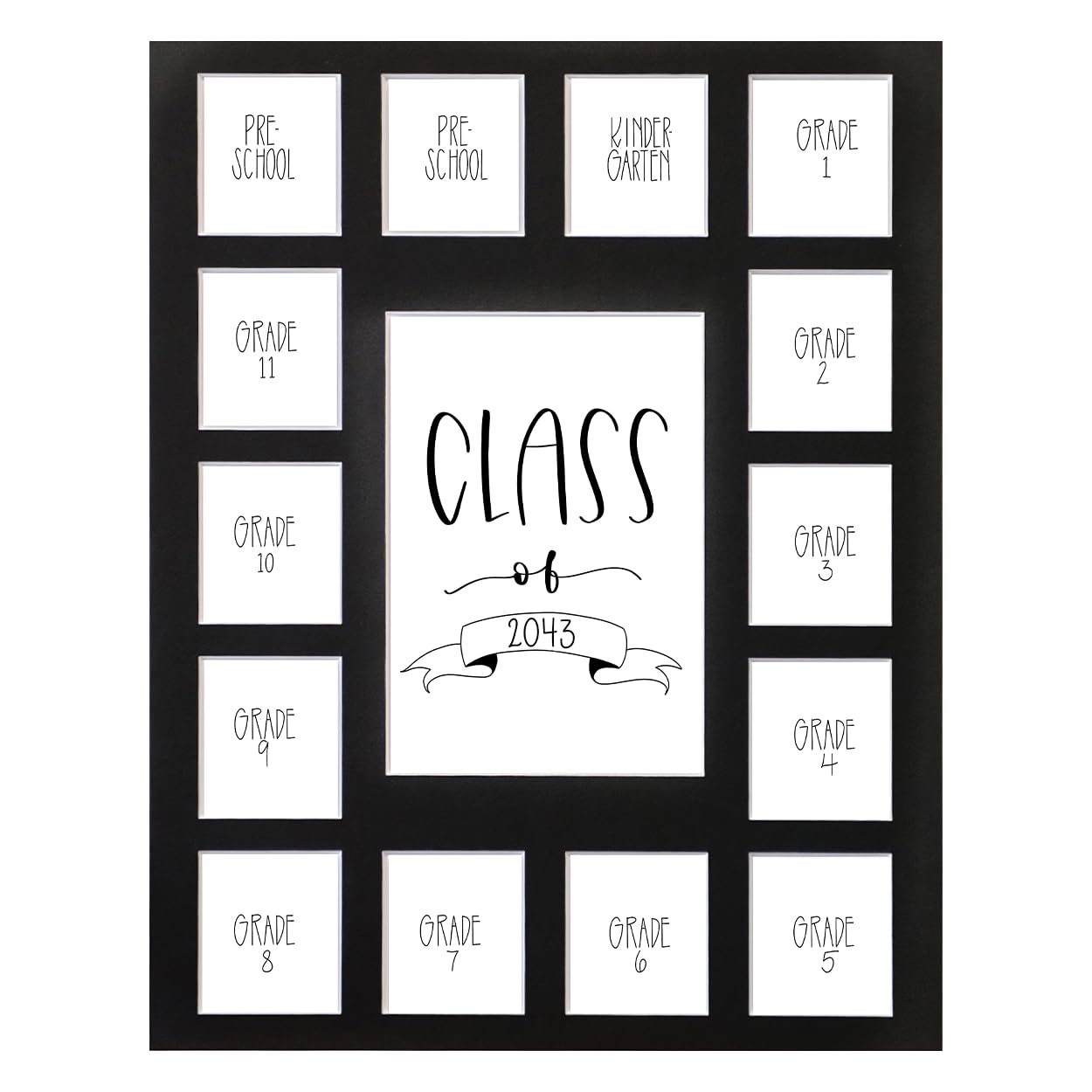 Rustic Red Door Co. RRD Class of 2043 Photo Collage Mat (11' x 14') - School Picture Frame for Pre-K to 12 - Black Mat (15 Photos)
