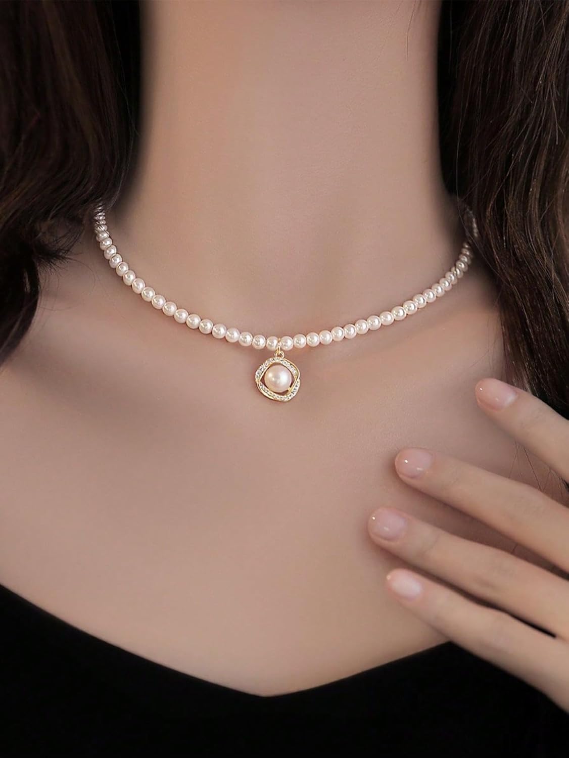 1pc Gold Zircon Water Drop Pendant Necklace, Rotating Micro-inlaid Faux Pearl Choker, Bridal Jewelry for Church Wedding, Dinner, Party & Bridesmaid Accessory
