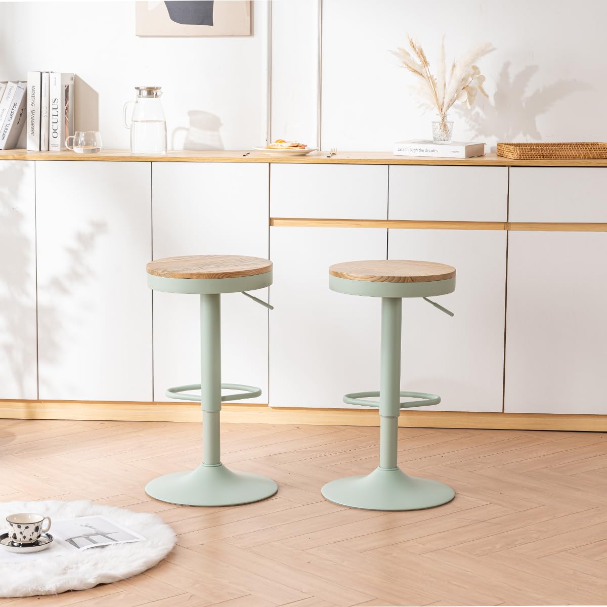 YOUNIKE Tabouret de Bar Lot de 2, Chaise de Bar à Manger en Bois Massif, Tabouret Haut Vintage, Tabouret Haut réglable pivotant, Facile à Assembler, Cuisine et Maison, Vert