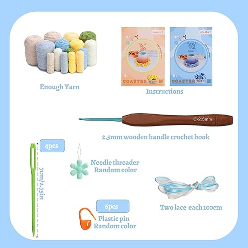 Miniatura 2 de Kit de ganchillo para adultos principiantes, kit de posavasos de flores de ganchillo, kit de tejido con ganchillo, hilo de ganchillo, instrucciones