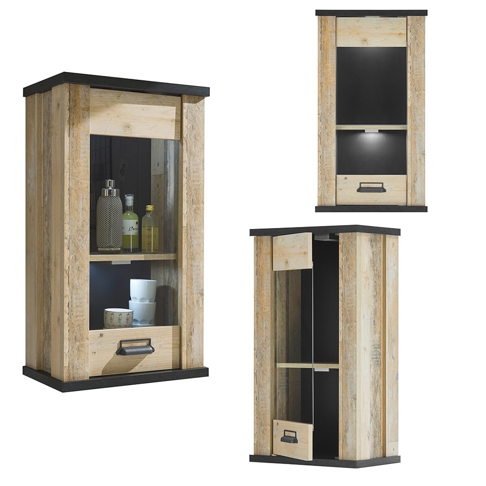Lomadox Küchenmöbel Küchen Set, Old Style hell Nb. mit anthrazit, Spülschrank mit offenen Fächern, Stauraumschrank, 160cm Wandregal, Hängevitrine mit Softclose