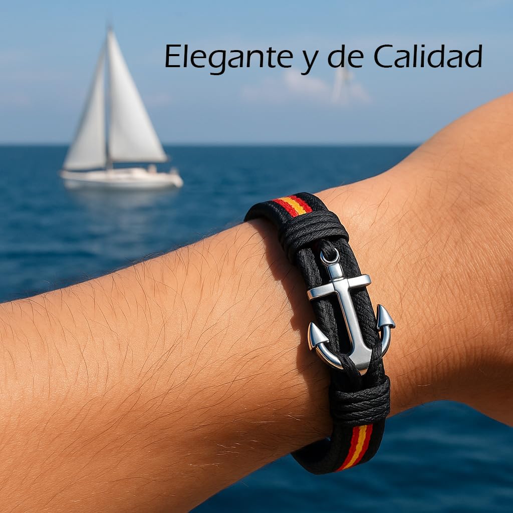 EKONAT-Pulsera España Hombre Acero Inoxidable con Ancla – Brazalete Bandera de España Náutico Ajustable – Joya Artesanal Patriótica Hecha en España