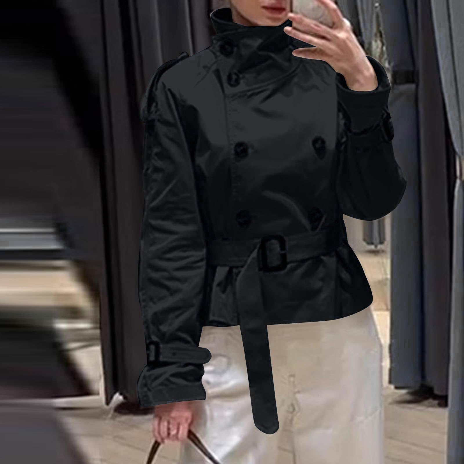 FUPODD Kurzmantel Damen Winter Leicht Trenchcoat Damen Kurz Übergang Mantel Zweireihig Mit Gürtel Trench Coat Stehkragen Windjacke Elegant Übergangsjacke Einfarbig Herbstjacke Casual Jacke Knöpfen