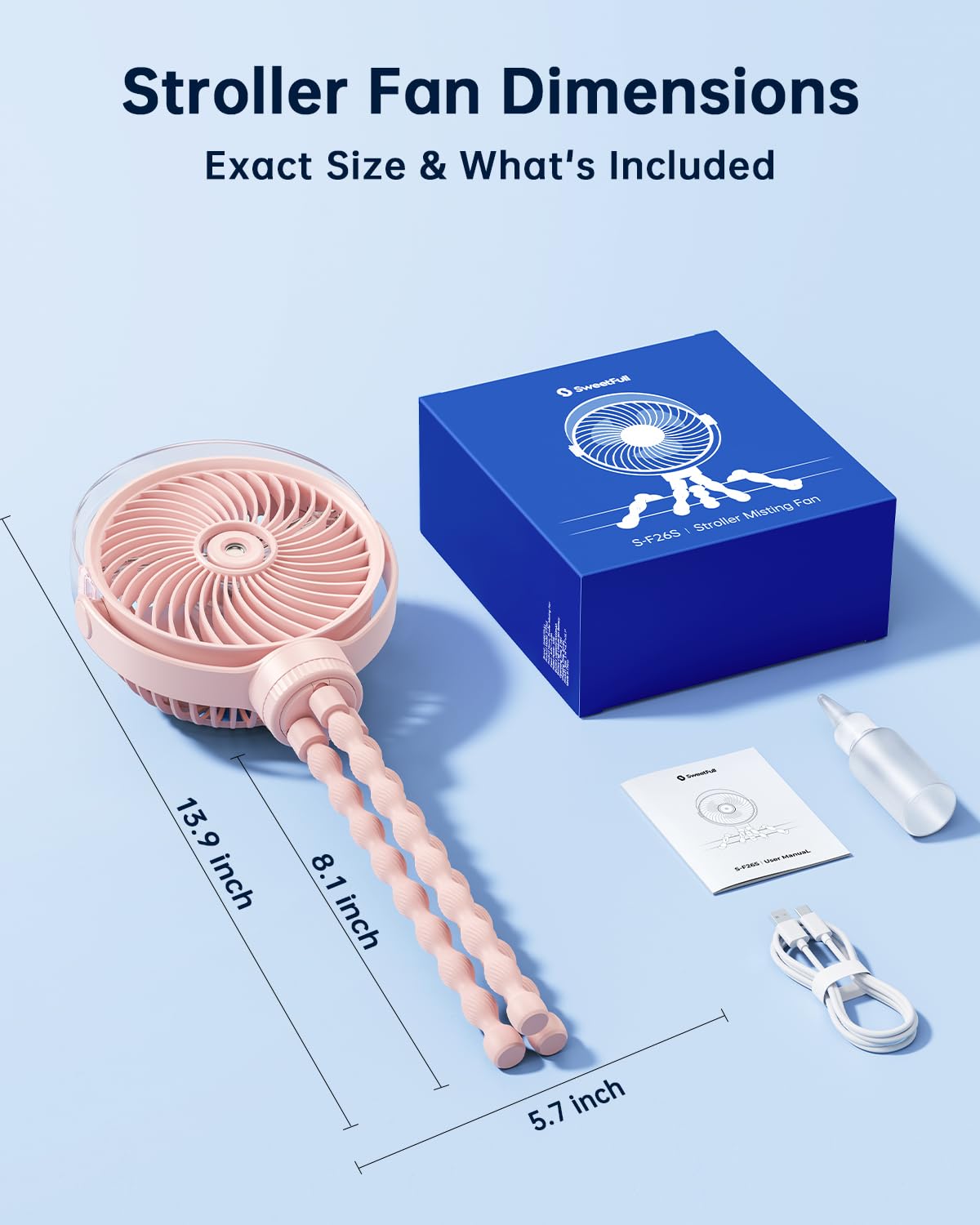 SWEETFULL Ventilateur brumisateur pour poussette – Ventilateur portable pour bébé avec pulvérisation de refroidissement, 4 vitesses, ventilateur rechargeable silencieux pour voyage, extérieur