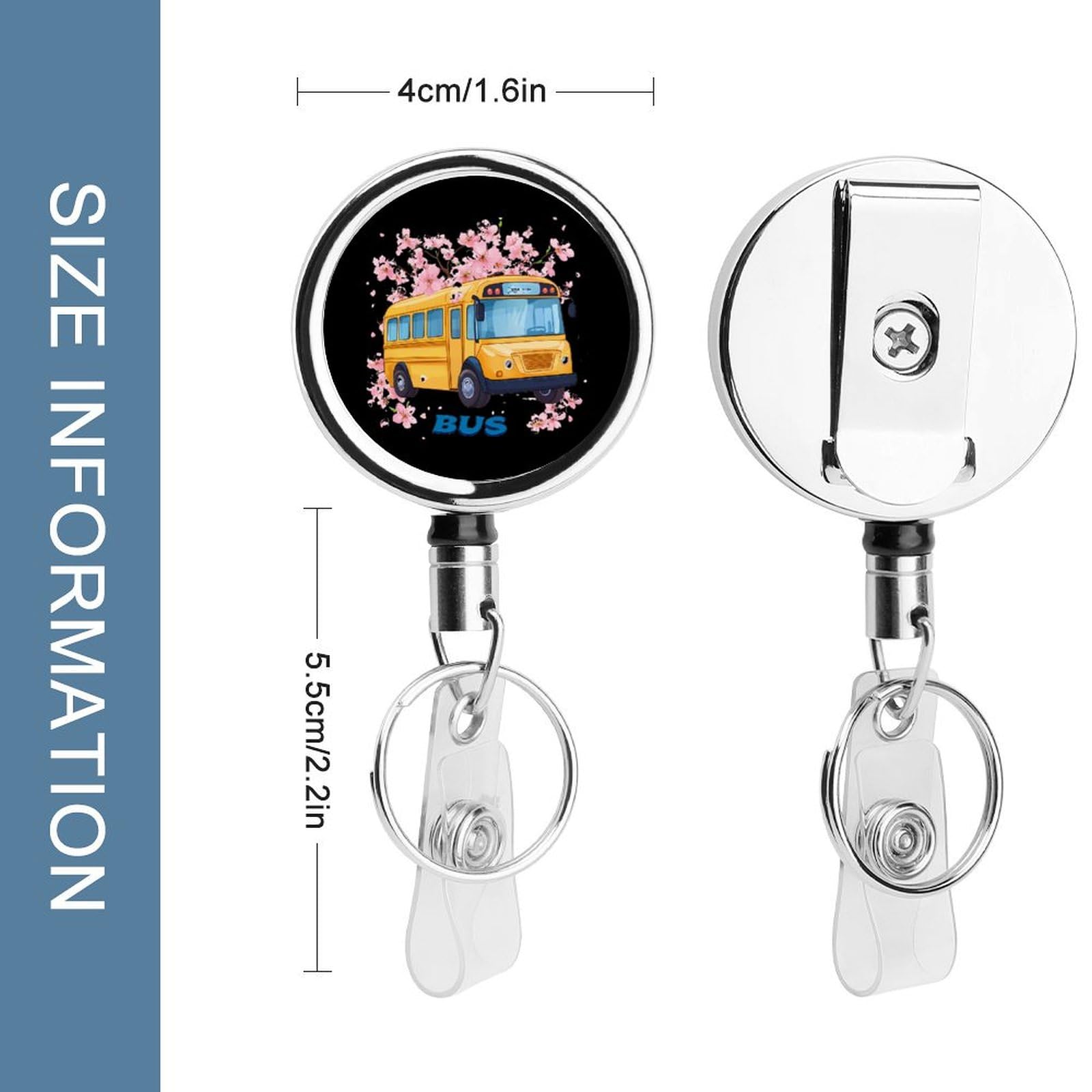 School Bus Floral Retractable Badge Holder Metal ID Name Holder Key Ring with Belt Clip