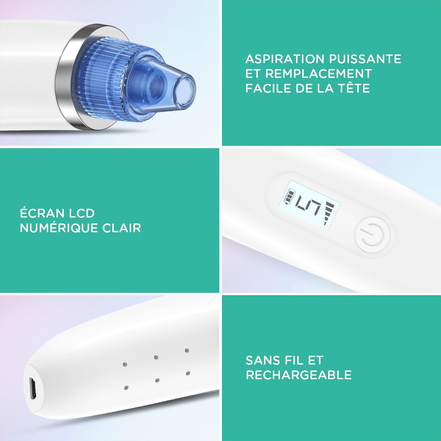 VOYOR Aspirateur Point Noirs Professionnel 6 en 1 Extracteur de Points Noir Electrique Tire Comédons Acnés Nettoyant de Pores Soin Visage Femme, 6 Sondes et 5 Modes, Rechargeable avec écran LCD BR510