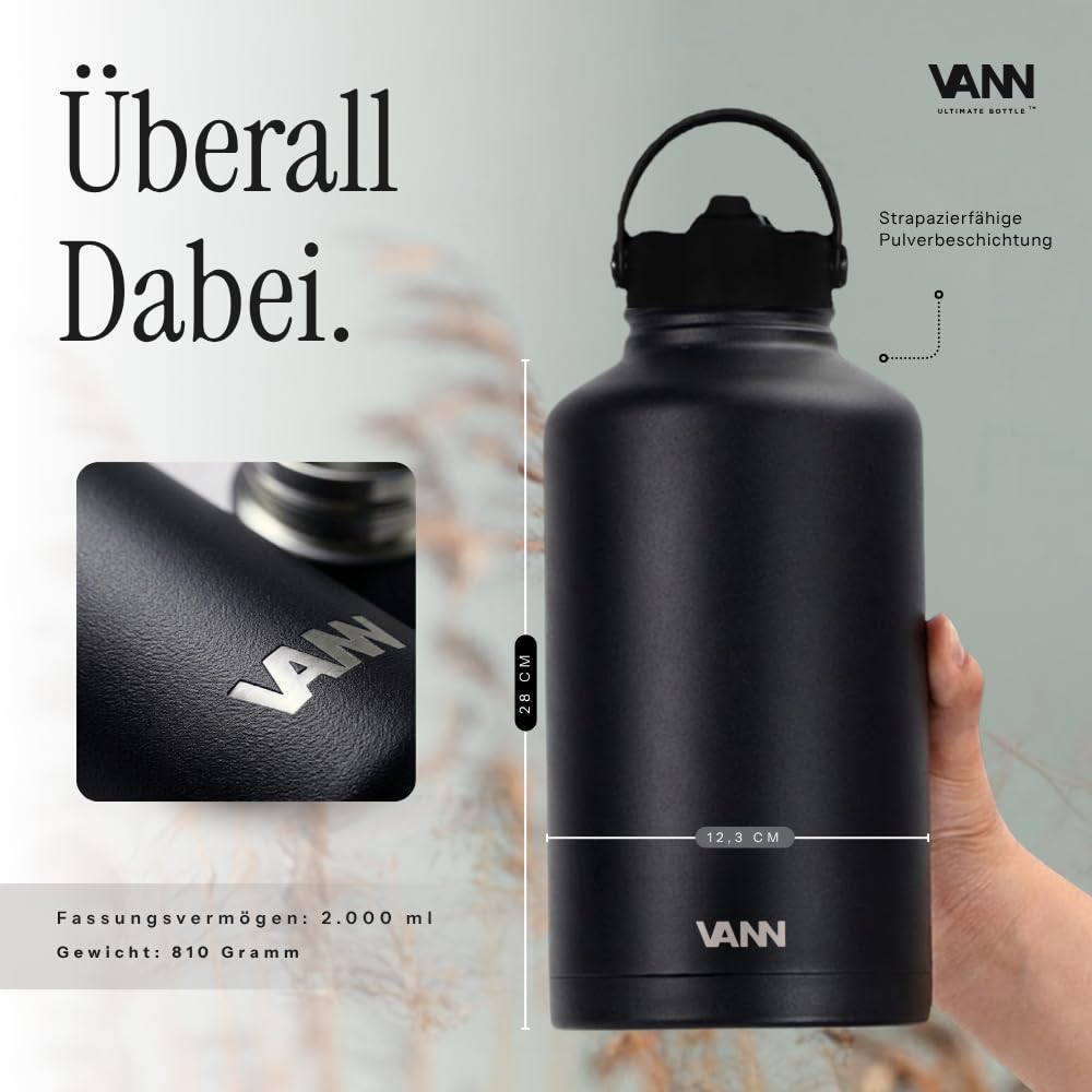 VANN Trinkflasche 2L mit Strohhalm - Thermosflasche isoliert [24h kalt, 12h warm] - Trinkflasche Edelstahl ideal als Wasserflasche [Sport, Fitnessstudio] BPA-Frei inkl. 5 Zubehörteile - Beige