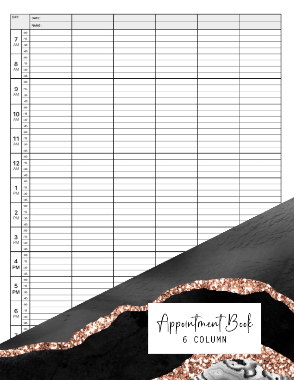 6 Column Appointment Book: Undated Daily Hourly Planner 15 Minutes Interval Scheduling your day from 7:00 a.m. - 8:45 p.m. for Schedule Large Print Great Idea for Salon Hairstylist Black Marble Theme