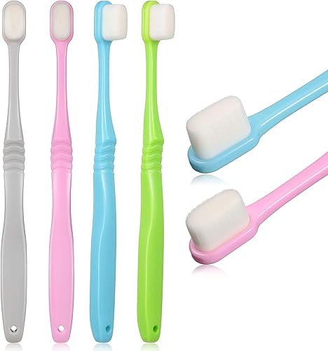 Cepillo de dientes manual micronano suave, 4 piezas, cerdas extra suaves, con 20,000 cerdas para encías frágiles, adultos, niños y niños (azul y