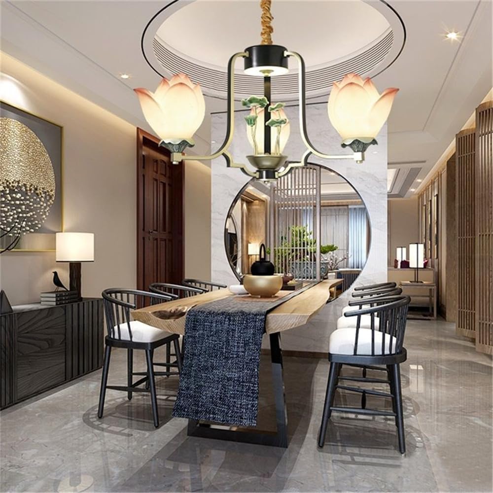 LYMSXAZOU Contemporary Lotus Pendent Lights Chinese Retro Creativity Villa Living Room Restaurant Bedroom Tearoom Study Hotel LED Decoration Chandelier (C 3 Lights)