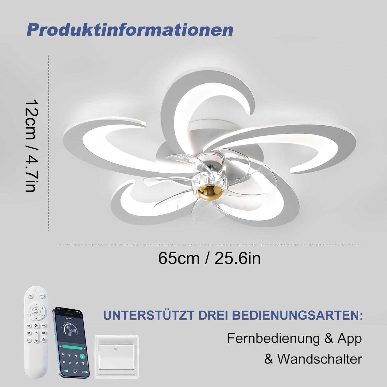 Modern Deckenventilator mit Beleuchtung, LED Dimmbar Deckenbeleuchtung mit Ventilator und Fernbedienung/APP, 6-Speed Leise Deckenlampe mit Ventilator für Schlafzimmer, Wohnzimmer