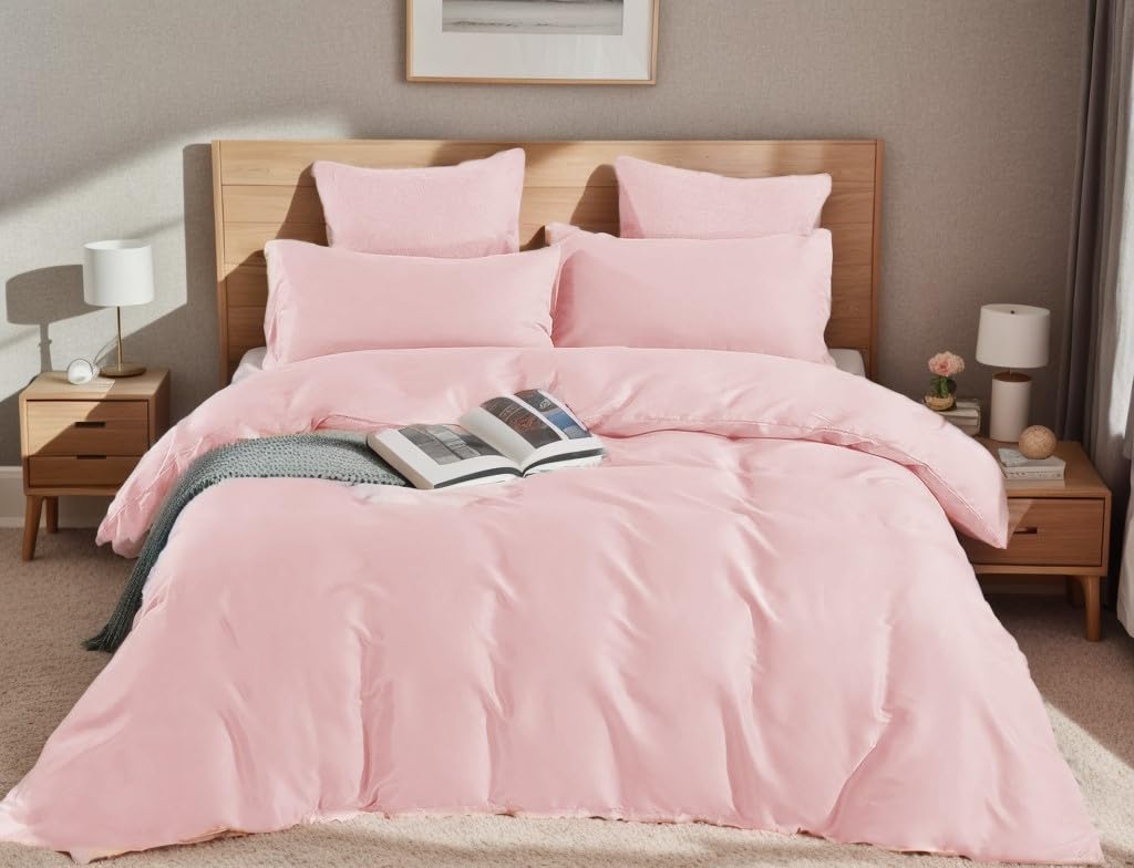 Juego de Funda Nórdica 4 Piezas Cama 180 Microfibra Suave Transpirable - 1 Funda Edredón 260x240 cm, 1 Bajera 180x200+28 cm y 2 Fundas de Almohada 50x100 cm (Rosa)
