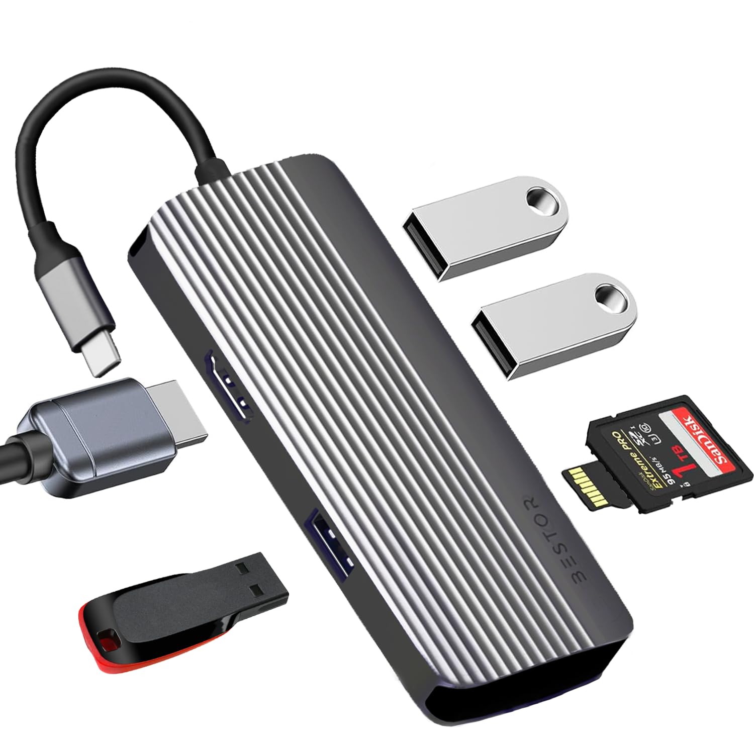 Bestor USB C Hub Multiport Adapter- 6 in 1 Type C Hub with 4K 30Hz HDMI Output, USB 2.0/3.0 Ports, SD/Micro SD Card Reader Compatible with Windows, MacBook Pro 2016-2020, MacBook Air 2018-2020