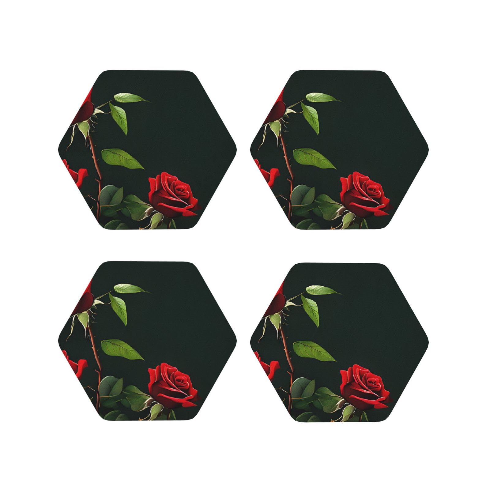 Lhfiohirg Hexagon (Red Roses) Drink Coasters Set Of 4 Non-Slip Leather Coasters For Cups Mugs Glasses Tabletop Protection For Home Office Bar