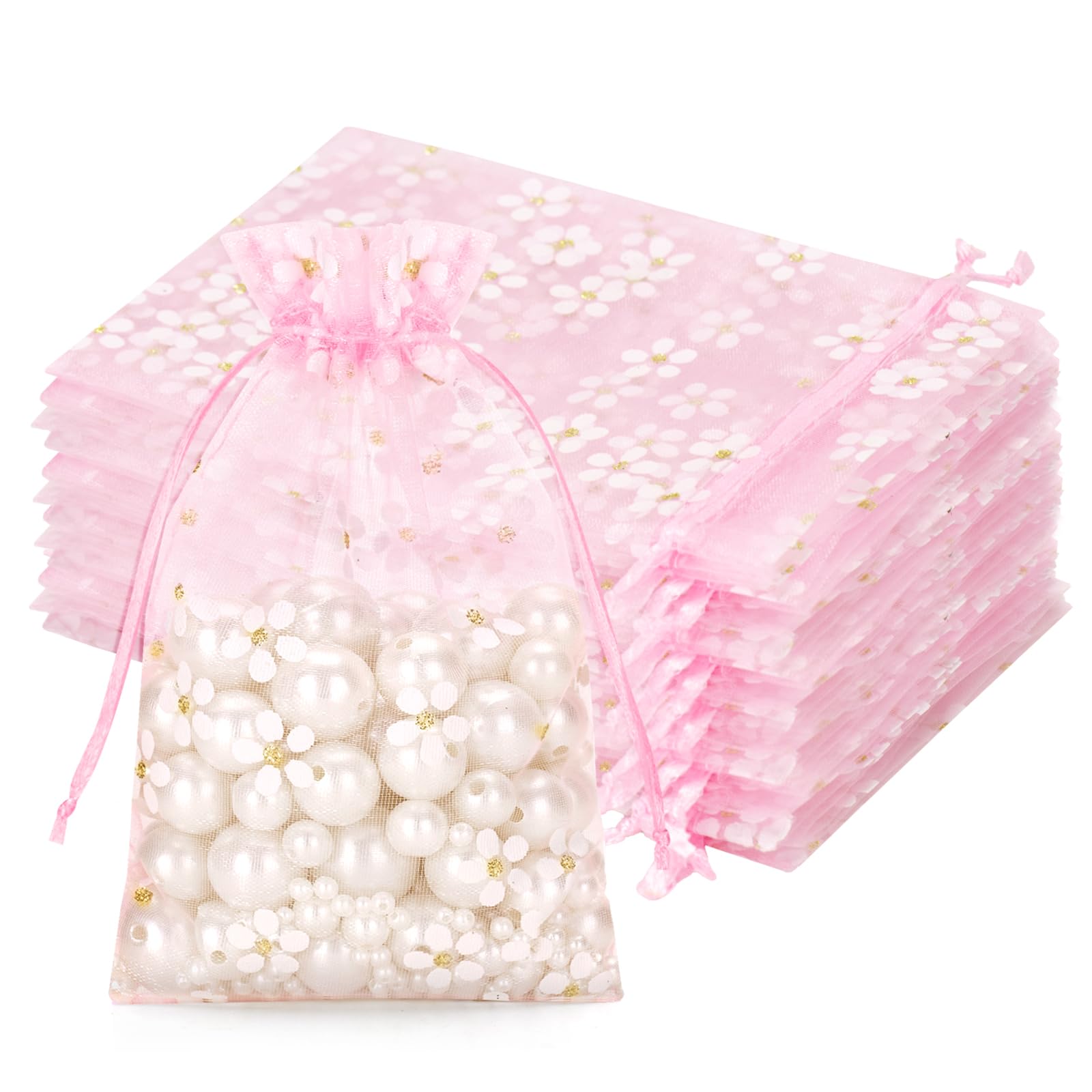 jijAcraft Daisy Organza Pouches Baby Pink: 10x15CM Organza Gift Bags 30PCS Jewelry Drawstring Pouches for Wedding, Birthday, Baby Shower, Party, Craft Storage, Gift Wrapping