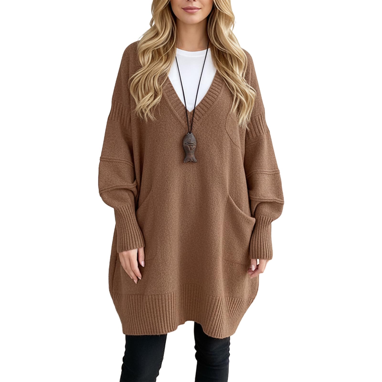 Plus Size Sweaters for Women V Neck Drop Shoulder Baggy Knit Oversized Fall Winter Pullover with Pockets