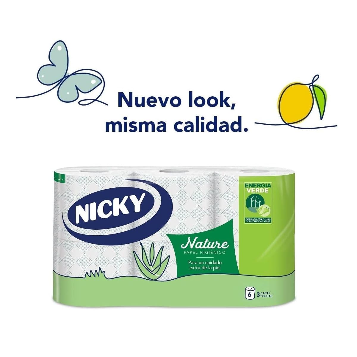 Nicky Nature Papel Higiénico - Paquete de 6 Rollos, 170 Hojas de 3 Capas, Enriquecido con Loción de Aloe Vera, Cómodo y Suave con la Piel, Embalaje Reciclable, Celulosa 100% Pura, Certificación FSC