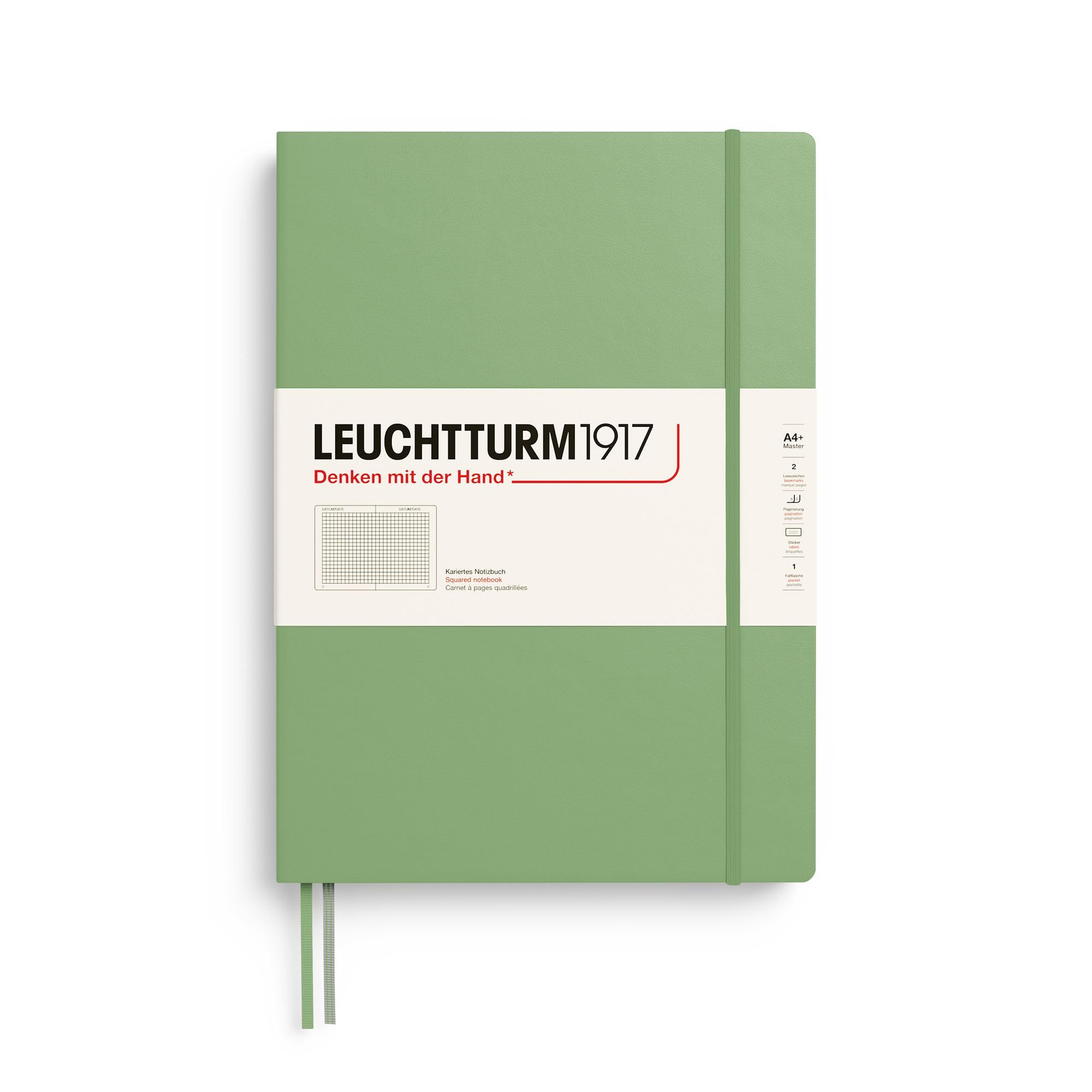 LEUCHTTURM1917 370262 Taccuini Master Classic A4+ Copertina rigida, 235 pagine numerate, Sage, Quadretti