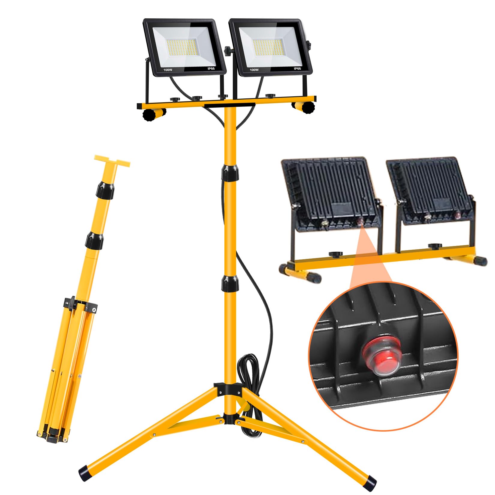 Work Lights with Stand, 2 Adjustable Head LED Work Light,Foldable Tripod Stand and Portable Removable Led Construction Lights with Individual Switch with 6500 Kelvin Color