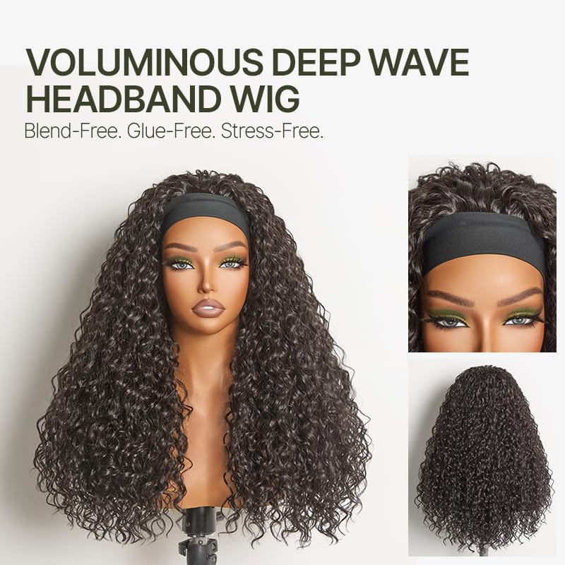 Frodio Headband Wig Curly Wig 22 Inches Veralux™ Blend Human Hair 22" Deep Wave Headband Wig Glueless Wigs Beginner Friendly Curly Elastic Band Wig