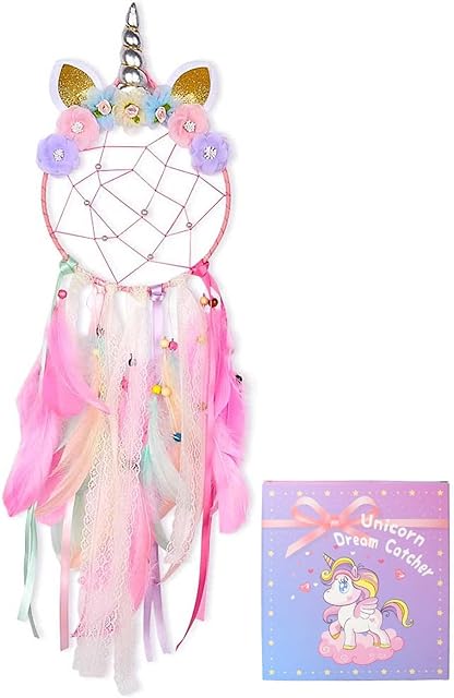 Jewaytec Unicorn Dream Catcher Wall Decoration Colourful Feather Dreamcatcher Handmade for Girls Kids Bedroom Wall Hanging Cars Decor Ornaments (Pink)