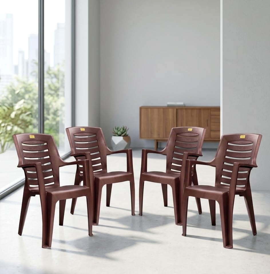 Image of Patiofy Plastic Arm Chair for Living Room, Heavy Duty Plastic Chair for Home and Outdoor, Solid Back Support, Comfortable Seating with Arm Support, 200 Kg Capacity (Maxim Brown- Set of 4)