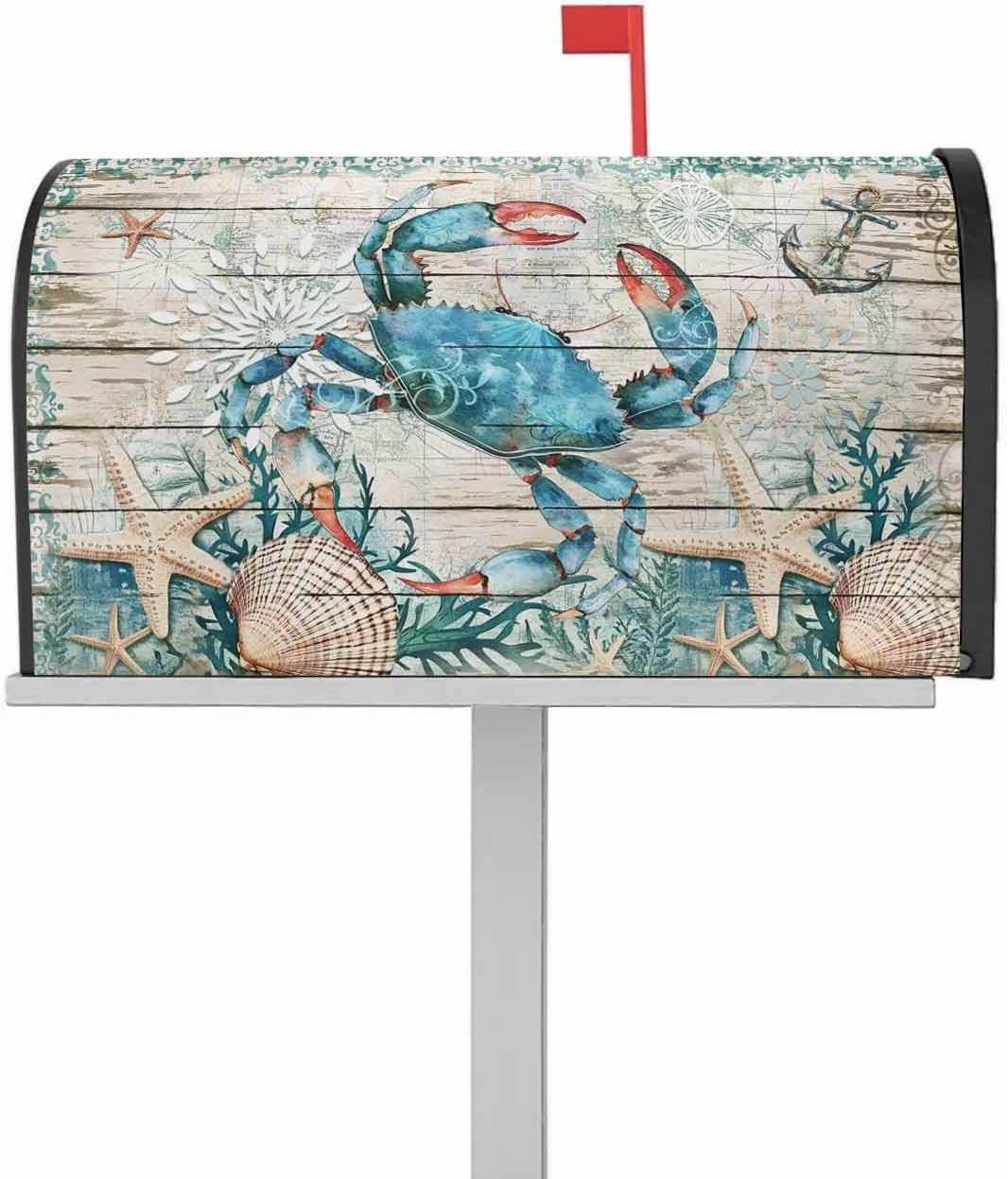 Teal Crab Coastal Mailbox Covers Magnetic Standard Size,Summer Beach Nautical Starfish Retro Decorative Post Letter Numbers Box Wrap Decoration Covers Large Accessories for Garden Yard Outdoor Décor