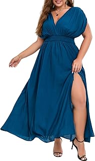 Plus Size Maxi Dress for Women Fall 0XL-5XL V Neck Short Sleeve A-Line Slit Flowy Casual Guest Long Dresses