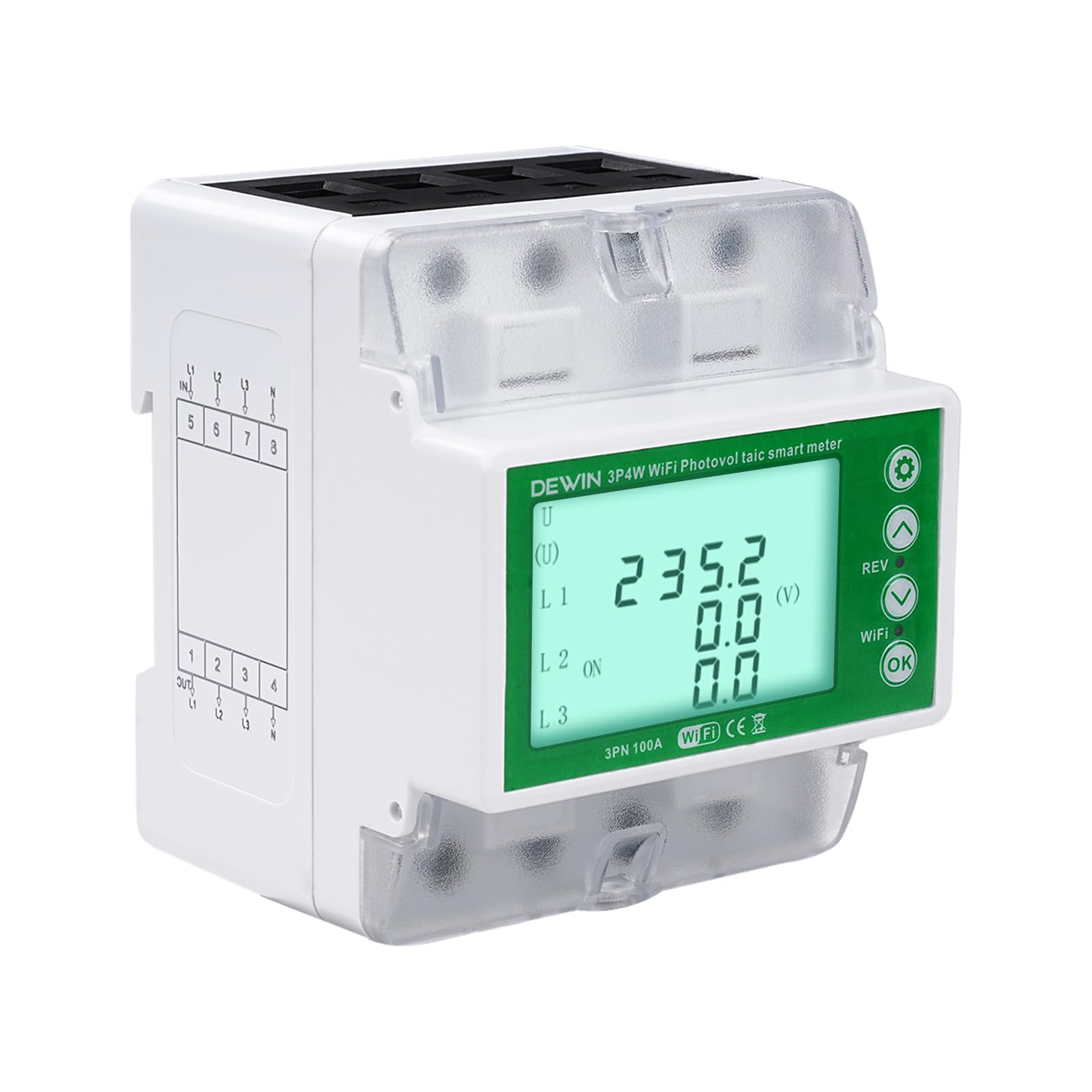 DEWIN Contatore Energia Elettrica Trifase WiFi,100A 380VAC Tuya Smart Misuratore Consumo Elettrico WiFi con Sbilanciamento di Tensione/Perdita di Fase e ECC. (con Manuali Italiani)