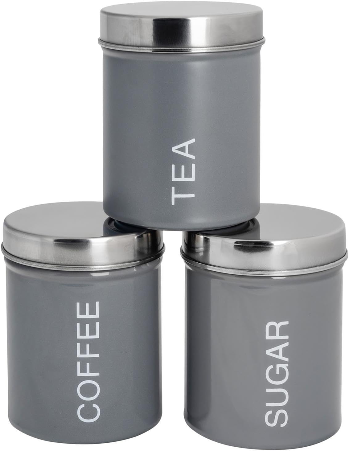 Harbour Housewares Metal Tea Coffee Sugar Canister Set - Grey - 3pc Round Retro Food Storage Preservation Canister Caddy Container Tin with Airtight Fit Lid for Kitchen Organisation & Home Décor