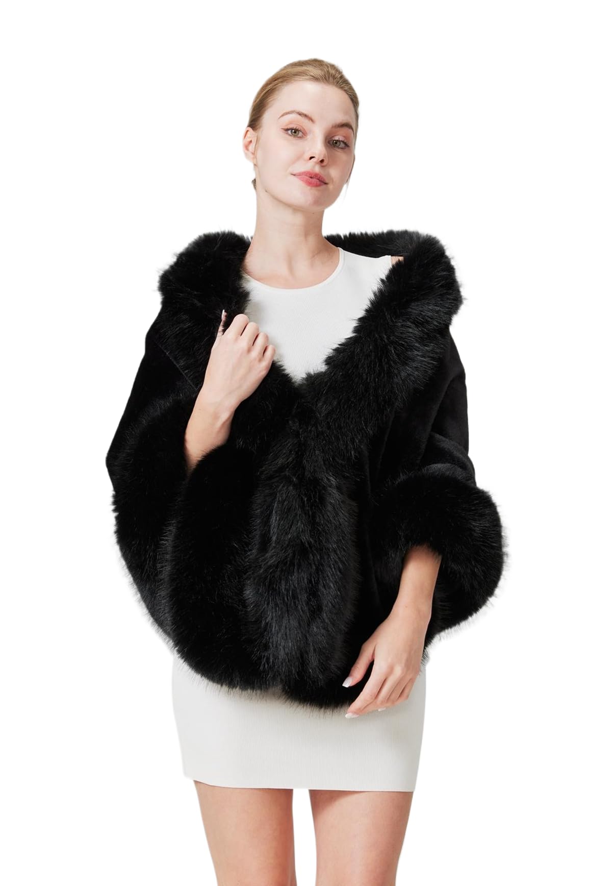 BEAUTELICATE Faux Fur Wrap Shawl Women’s Shrug Stole Cape for Winter Wedding Evening Brides Bridesmaids Ivory Black