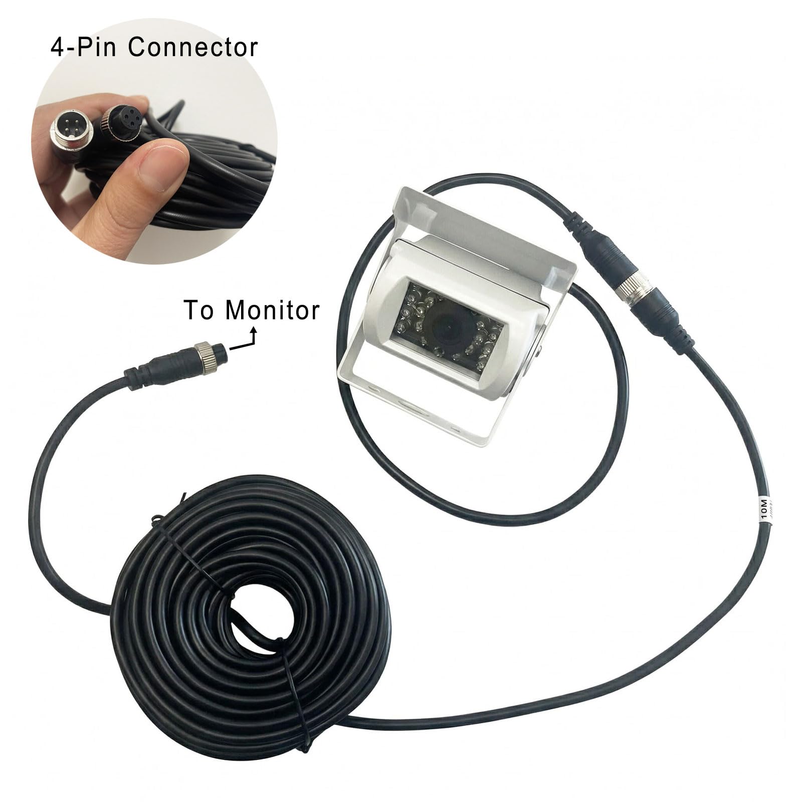 Telecamera di retromarcia a 4 pin, resistente, 18 LED, visione notturna, impermeabile, con cavo da 10 m, per camper, rimorchi, pickup, camper, autobus, furgoni e roulotte (senza linea guida)