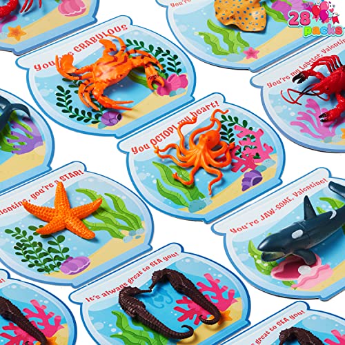 JOYIN 28 Pcs Valentines Day Gift Cards with Realistic Mini Sea Animal Figure Toys for Kids Valentine Classroom Exchange Valentine's Party Favors Toys