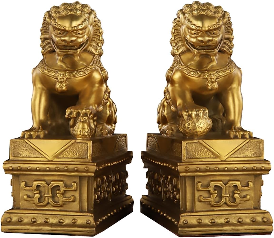 Chinese Guardian Lion Foo Dogs Asian Decor Statue, Fengshui Gold Fu Dogs Pair, Outdoor Entrance Hotel Decorative Lucky Ornaments - Housewarming Congratulatory to Ward Off Evil Energy
