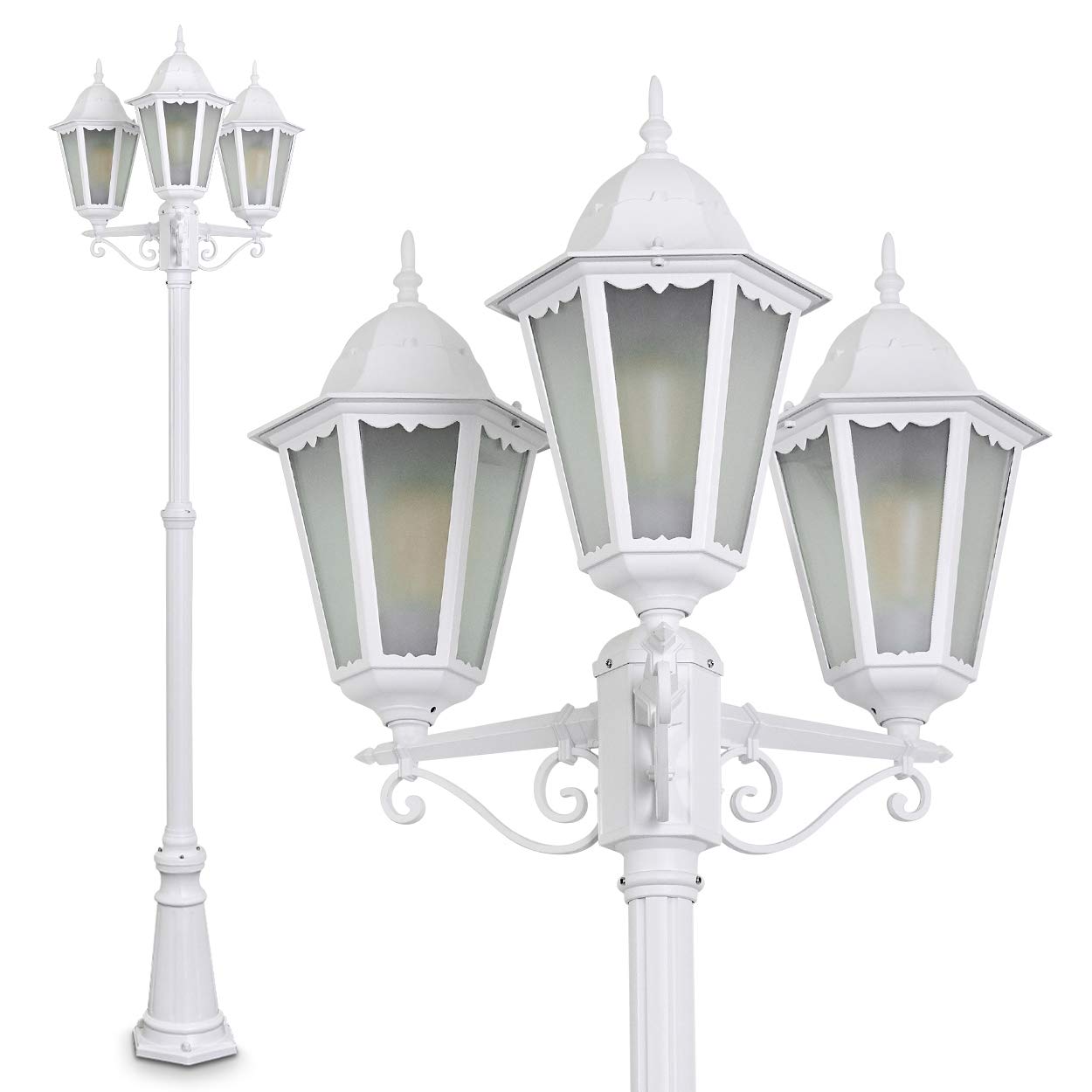 Outdoor lamp Hong Kong Frost, candelabra in antique look, cast aluminium in white with frosted glass panes, 3-arm path light, height adjustable, vintage garden lamp, E27 socket, IP44, without bulbs