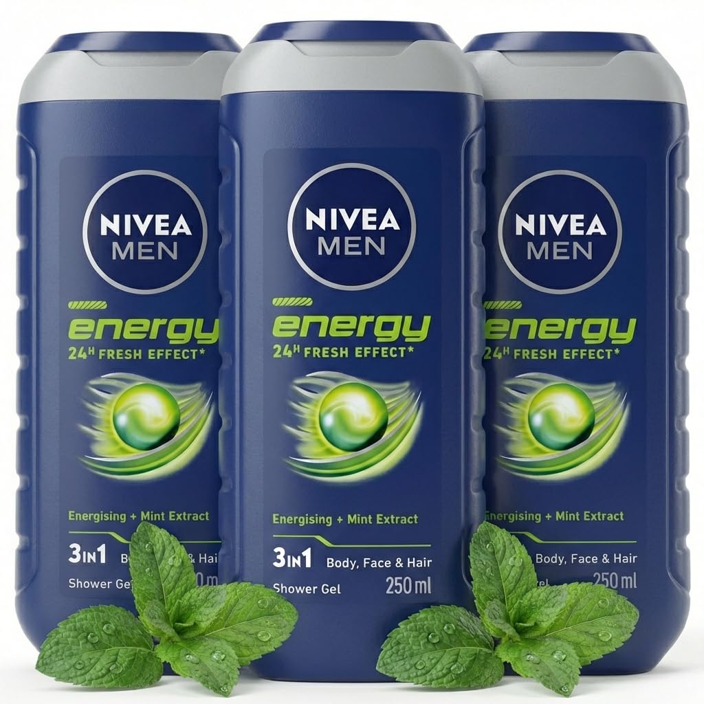 NIVEA MEN Energy Shower Gel Pack of 3 (3 x 250ml), Moisturising Body Wash for Men with Mint Extract, 3-in-1 Mens Shower Gel for Body Face Hair, Energising Mens Grooming Essentials