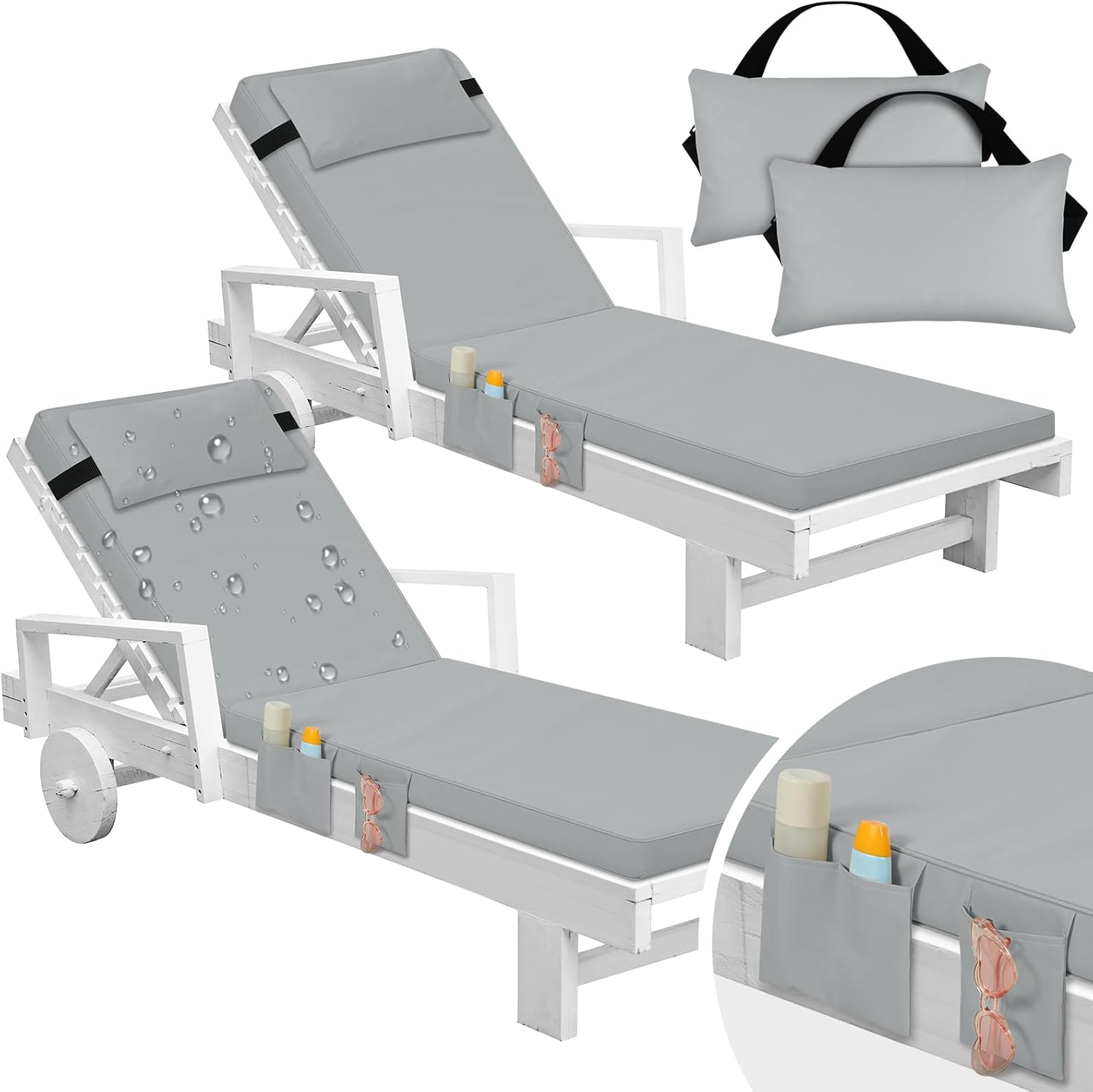 Tondiamo 2 Set Outdoor Chaise Lounge Cushions with Pillows and Storage, 72 x 21 x 3 Inch Outdoor Lounge Chair Seat Pads Outside Waterproof Chaise Cushion for Outdoor Lawn Patio Furniture(Light Gray)