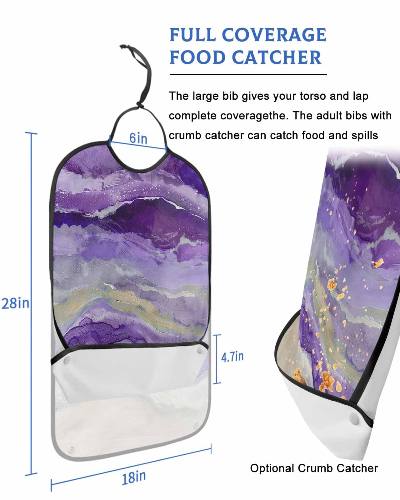 LEOKOTI Purple Coastal Adult Bibs for Eating, Waterproof Bibs with Food Catcher & Adjustable Snap Closure, Summer Beach Nautical Abstract Art Washable Clothing Protectors Adult Bibs for Elderly