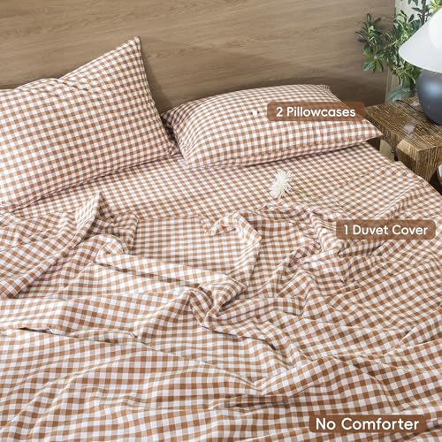 Image of MooMee Gingham Duvet Cover Set 100% Washed Cotton Linen Like Textured Breathable Durable Soft Comfy Modern Checkered Design (Dark Orange Gingham, Full 80 inchx90 inch)