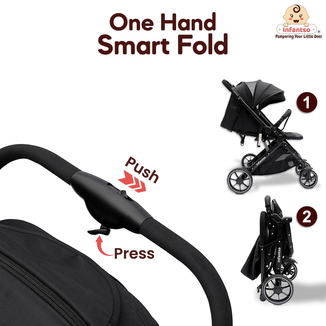 Infantso GlideX Premium Baby Stroller / Pram, Reversible Handle, One-Hand Fold and 360° Rotating Wheels,, Travel Friendly, 5 Points Safety Harness, Extendable Canopy, Multilevel Recline, Adjustable Footrest, Easy Fold, Shock Absorption Wheels, for babies 0 to 3 years ( Black ) - Image 4 thumbnail