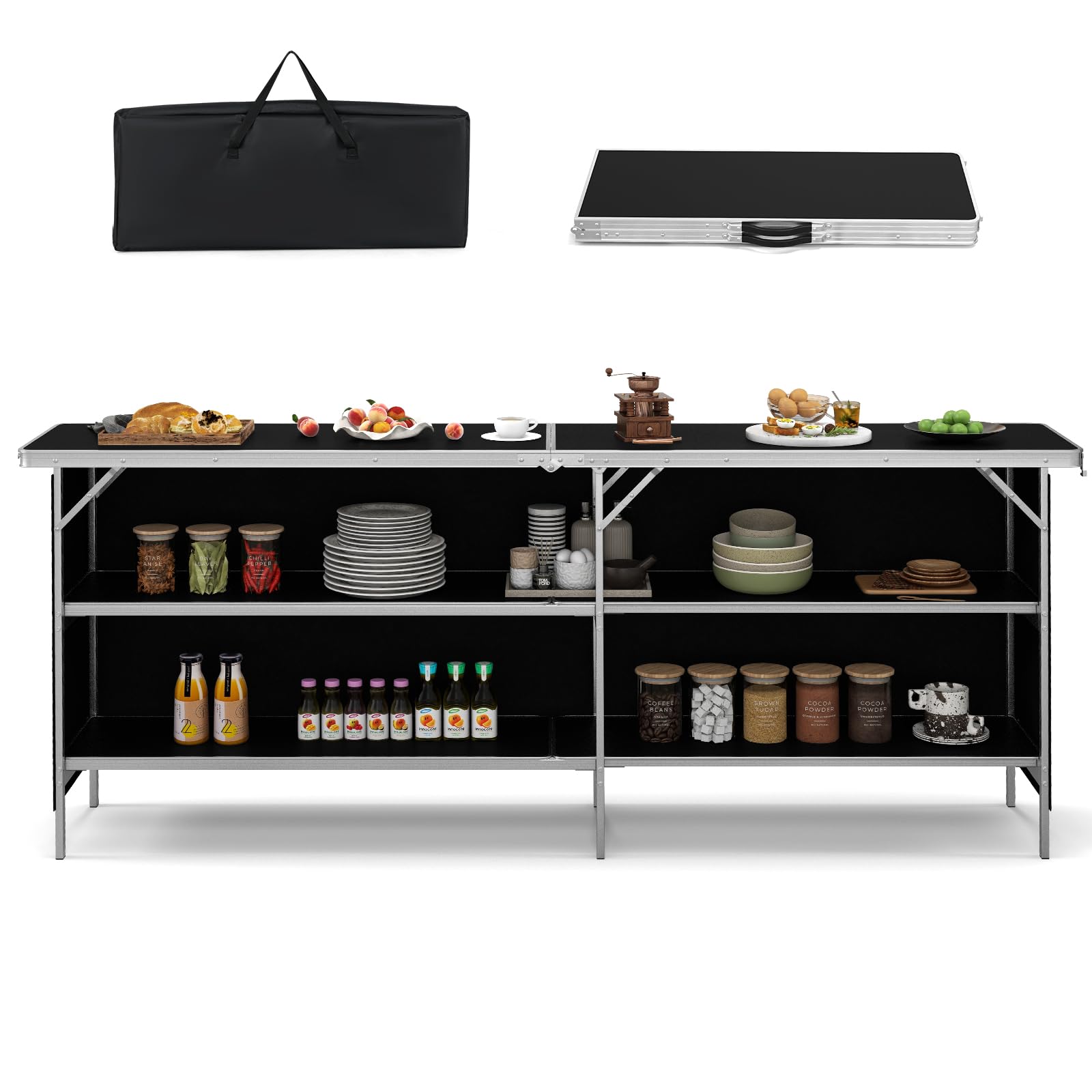 COSTWAY Campingschrank faltbar, tragbare Campingküche mit 2-stöckigen Regalen, Camping Faltschrank aus Aluminiumgestell, inkl. Tragetasche, für Picknick, Grillen, Partys, 206 x 38 x 83 cm